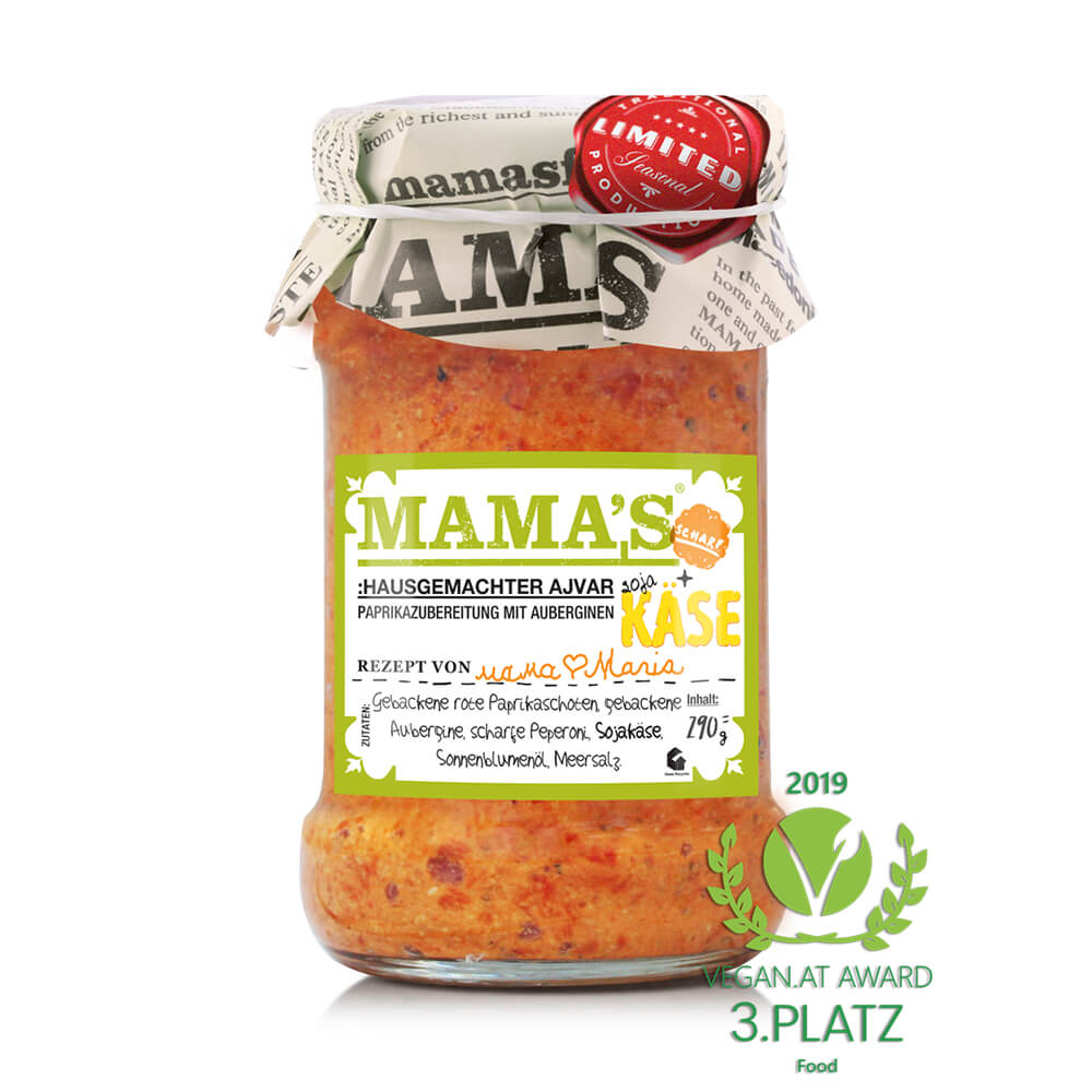 Mama's Ajvar Scharf Paprika mit Aubergine und Sojakäse Aufstrich Sauce 290g